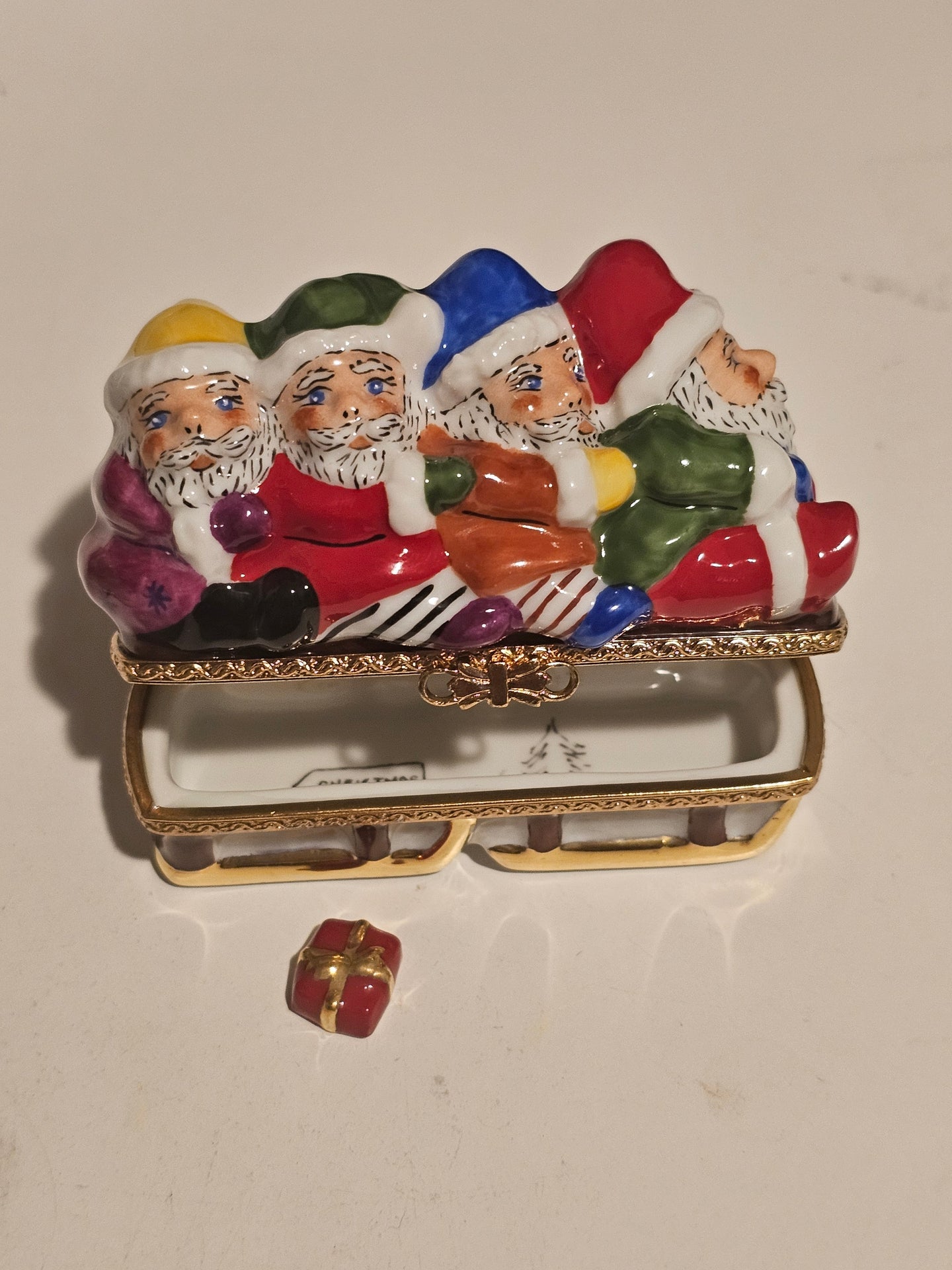 Santas in Sleigh w Present Rare Authentic Limoges Box
