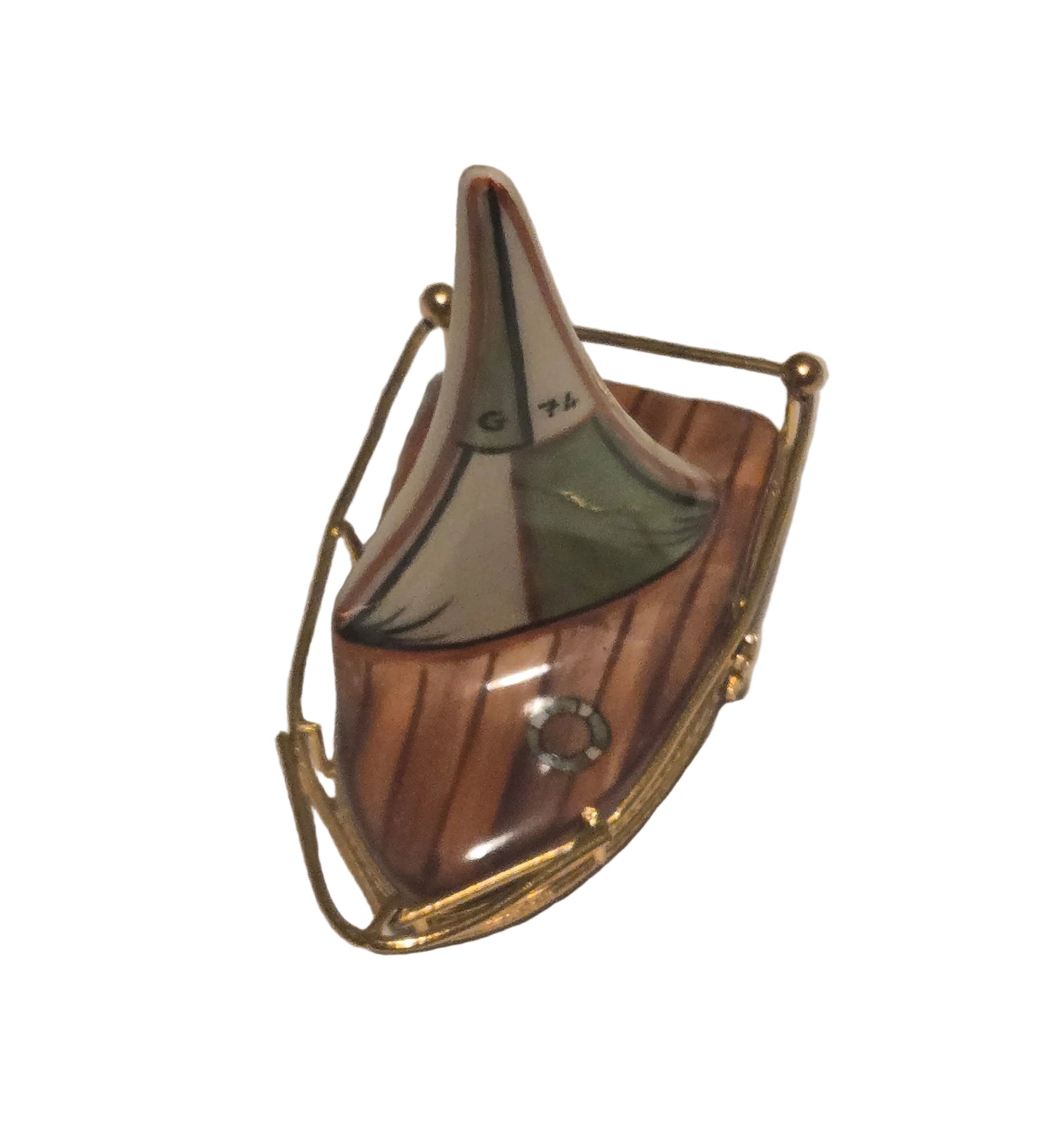 Brown Sailboat w Brass Limoges Box Hand-Painted Limoges Box