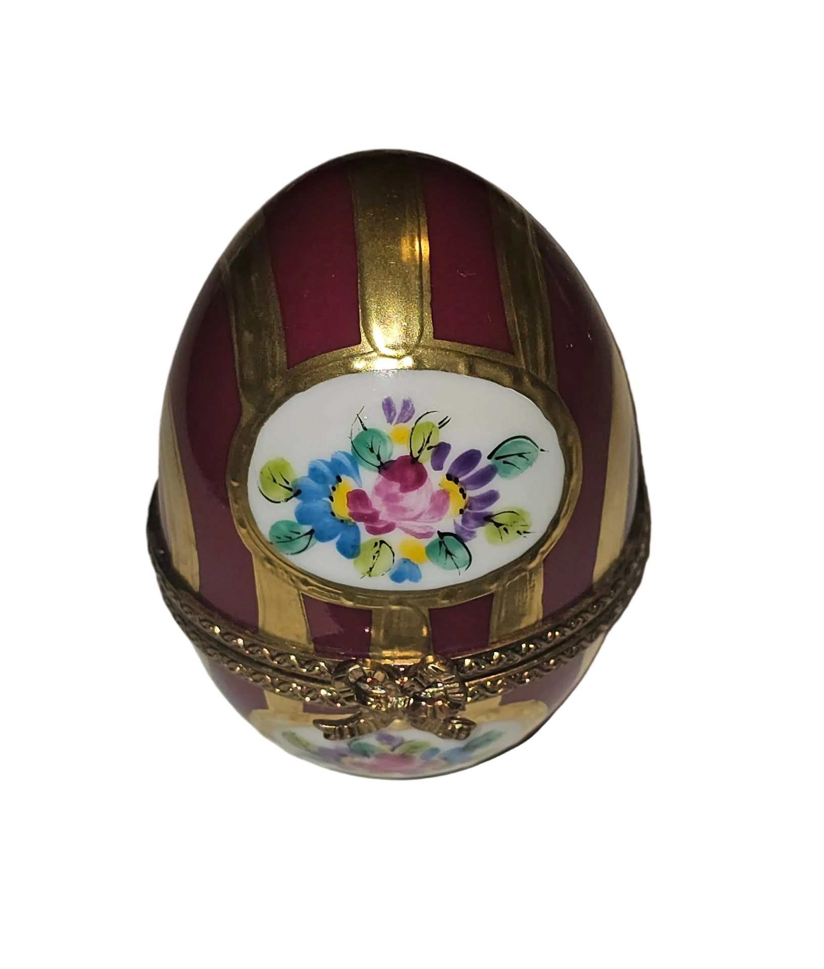 Maroon and Gold Striped Egg with Flowers | Limoges Box
