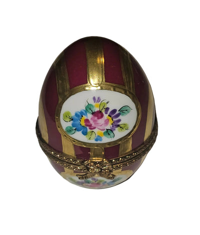 Maroon and Gold Striped Egg with Flowers | Limoges Box