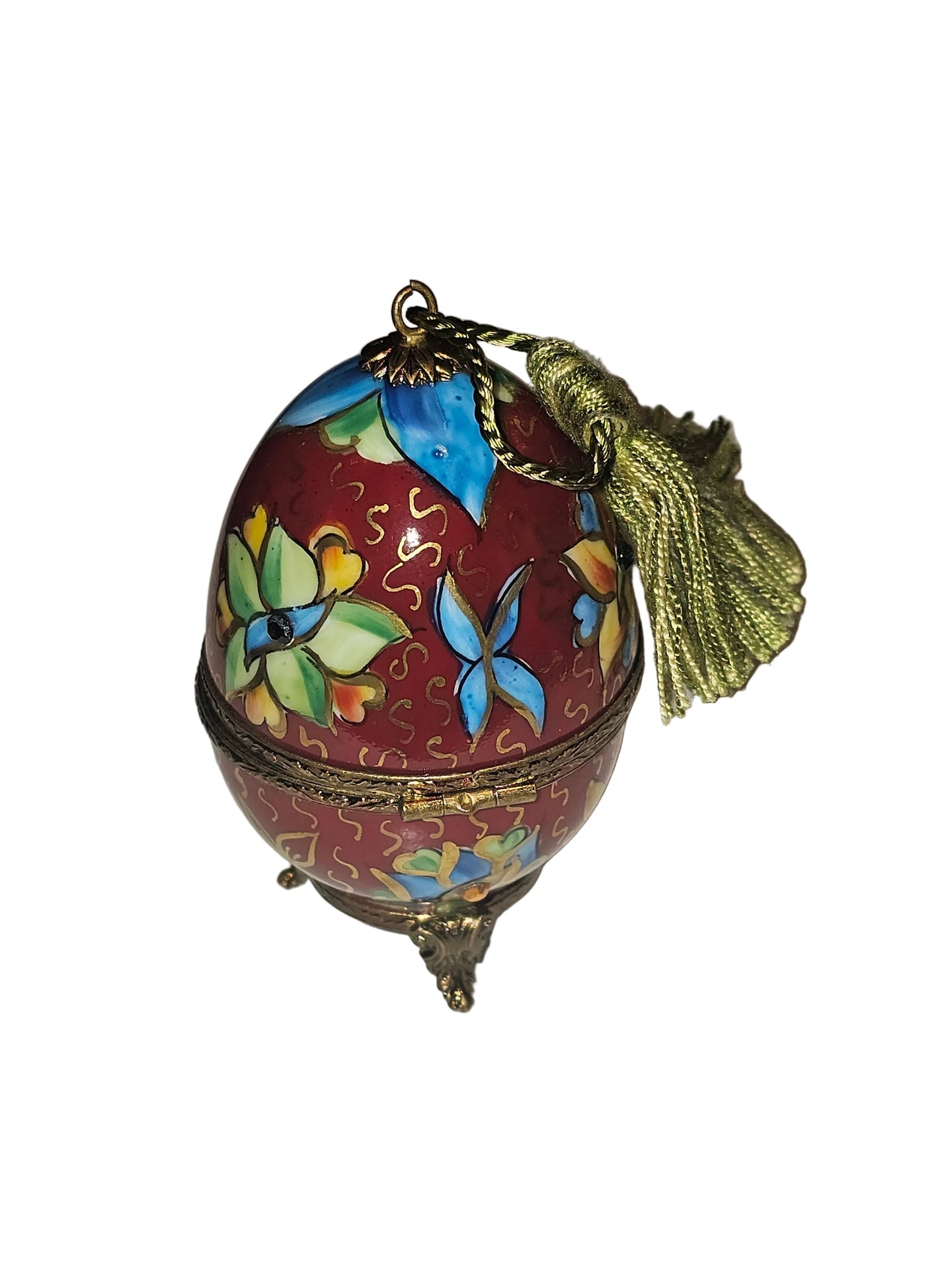 Footed Red Perfume Egg Bold w Tassel Authentic Limoges Box