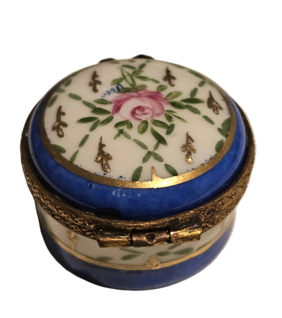 Small Blue Round w Flower Box | Limoges Box) Authentic Limoges Box