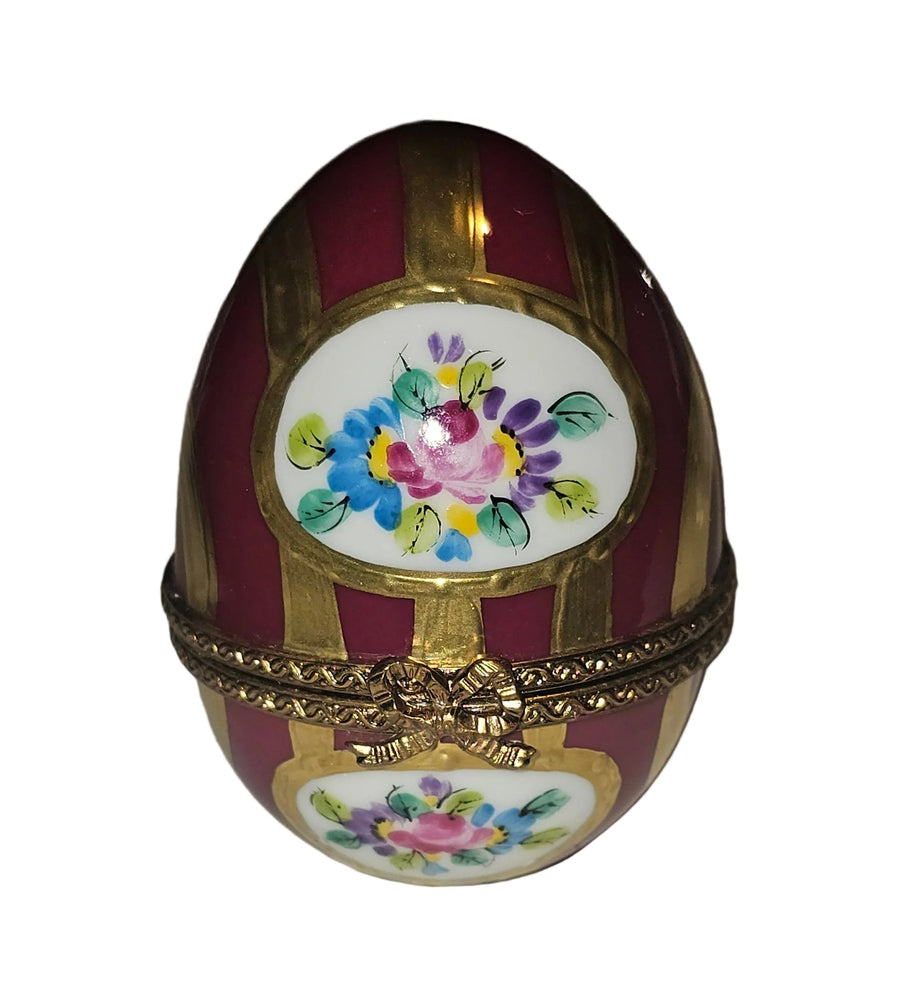 Maroon and Gold Striped Egg with Flowers | Limoges Box