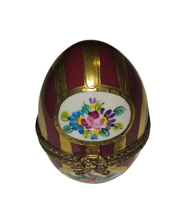 Maroon and Gold Striped Egg with Flowers | Limoges Box