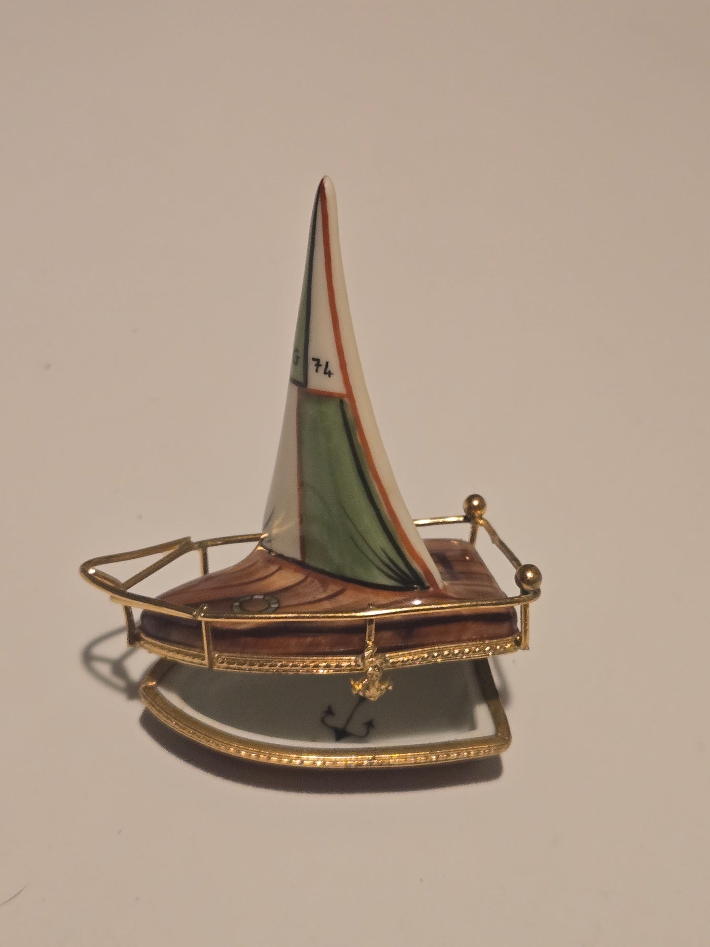 Brown Sailboat w Brass Limoges Box Hand-Painted Limoges Box