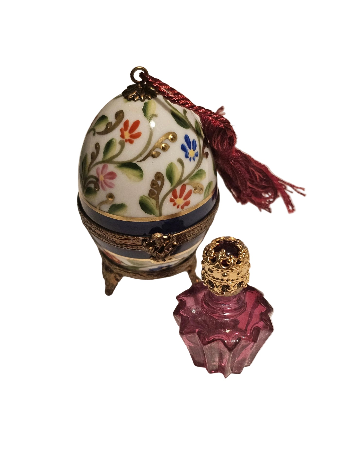 Blue Perfume Egg w Flowers on Stand Authentic Limoges Box