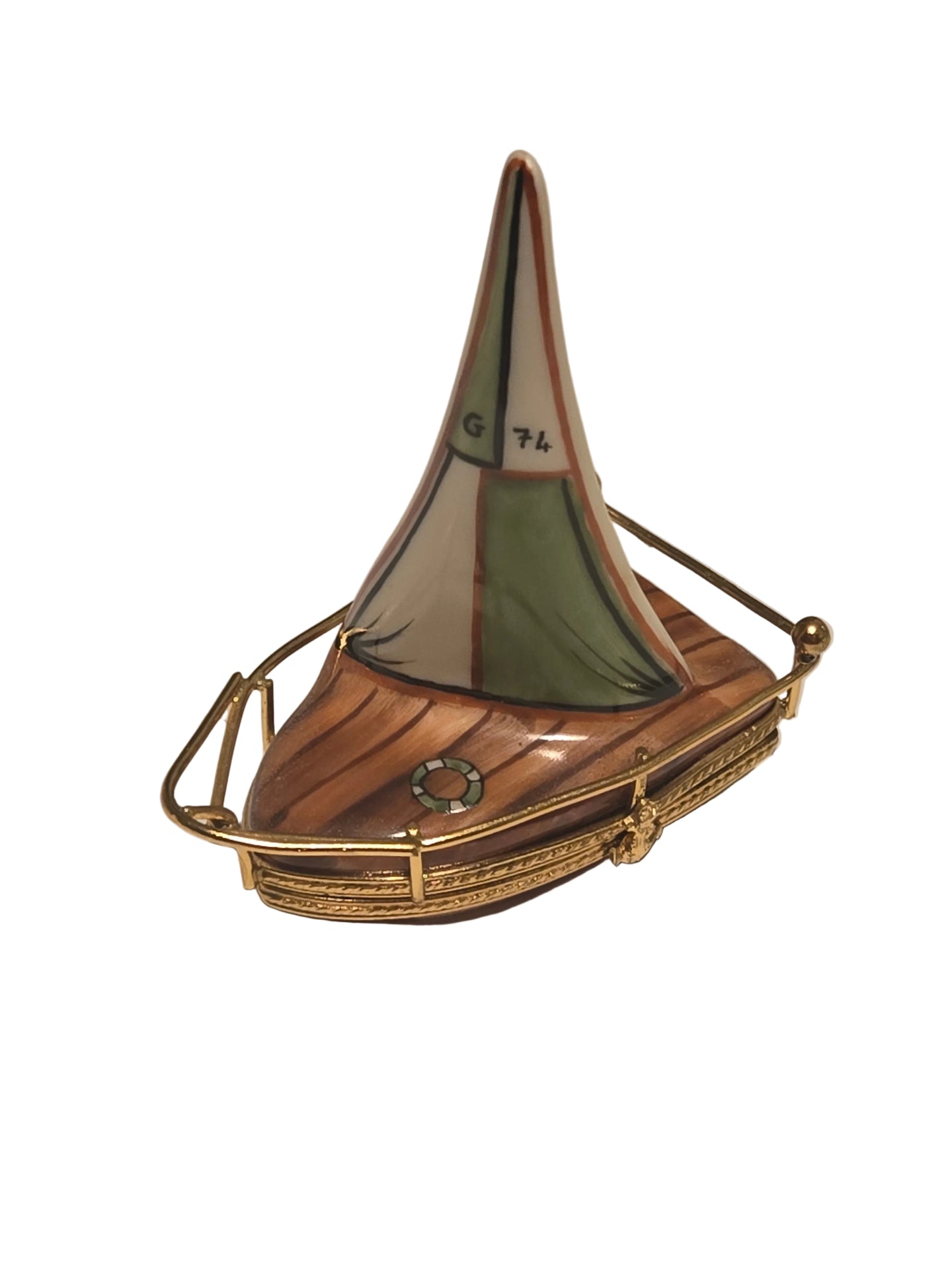 Brown Sailboat w Brass Limoges Box Hand-Painted Limoges Box