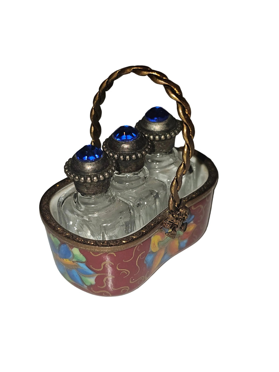3 Perfumes in Maroon Basket Limoges Trinket Box