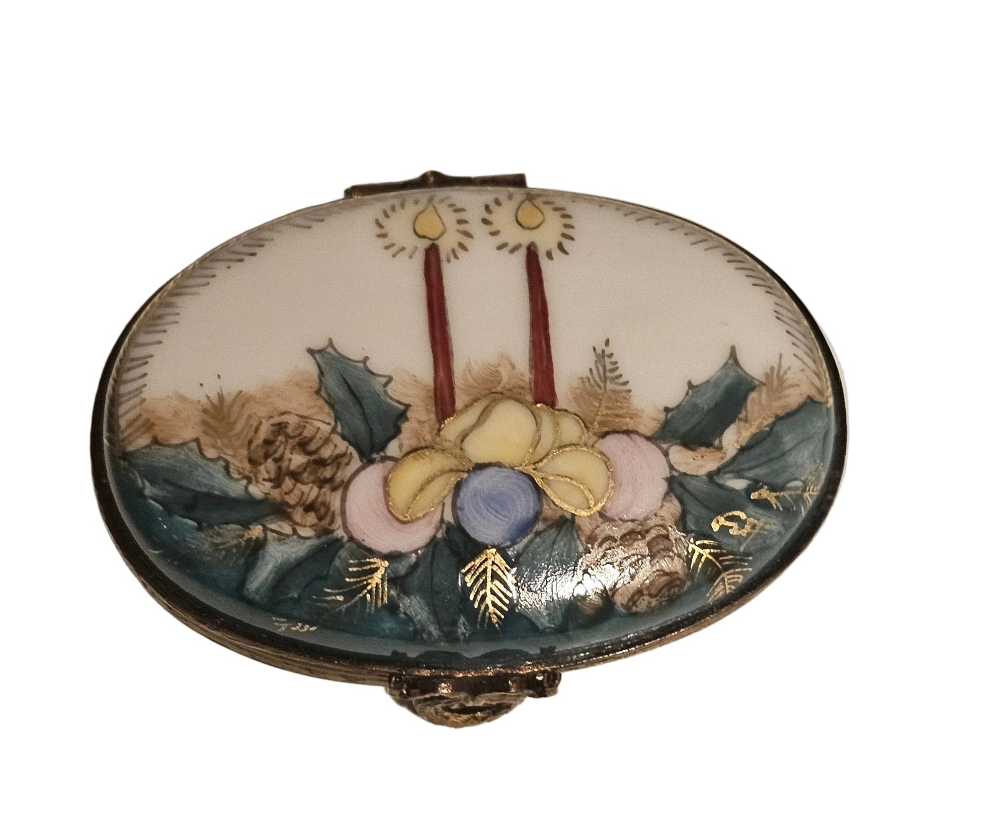 Christmas Oval Candles w Holly Limoges Box Authentic Limoges Box