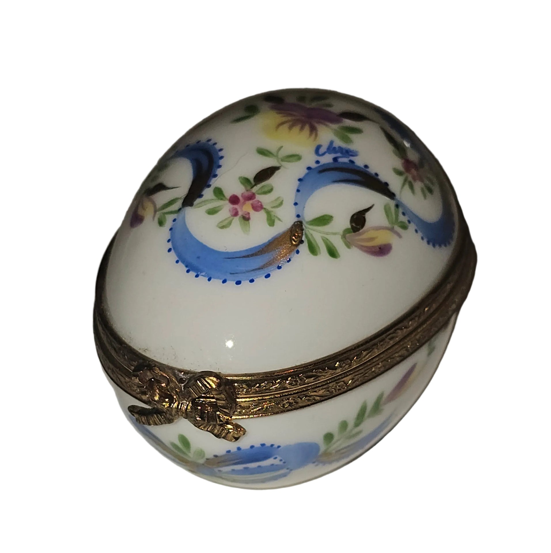 White Egg Blue Ribbon w Light Flowers Limoges Porcelain Box