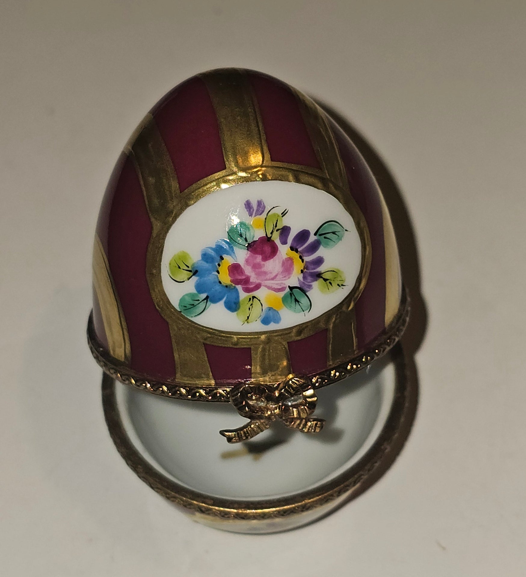 Maroon and Gold Striped Egg with Flowers | Limoges Box