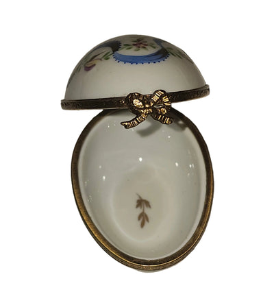 White Egg Blue Ribbon w Light Flowers Limoges Porcelain Box
