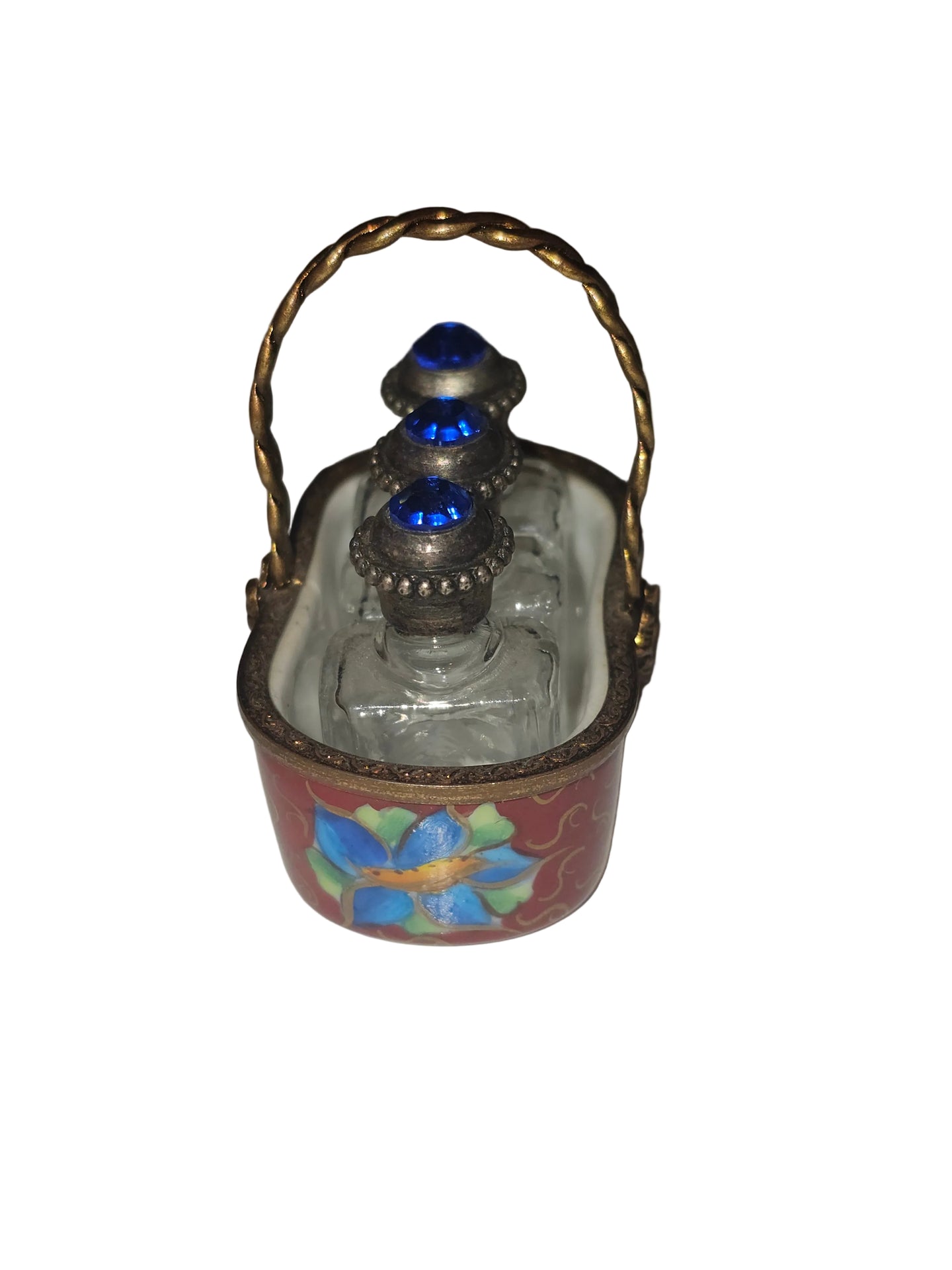 3 Perfumes in Maroon Basket Limoges Trinket Box