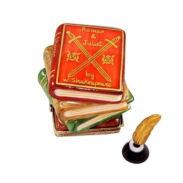 Shakespeare Stack of Book with Inkwell and Brass Feather Porcelain Limoges fine art books limoges boxes French Trinket Box