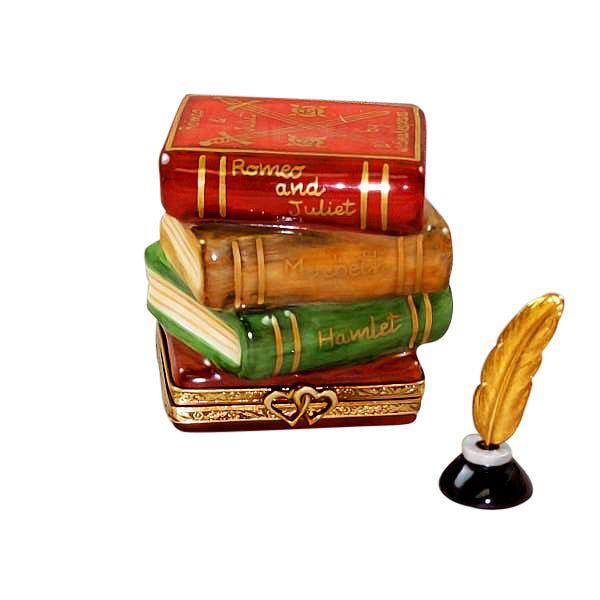 Shakespeare Stack of Book with Inkwell and Brass Feather Porcelain Limoges fine art books limoges boxes French Trinket Box