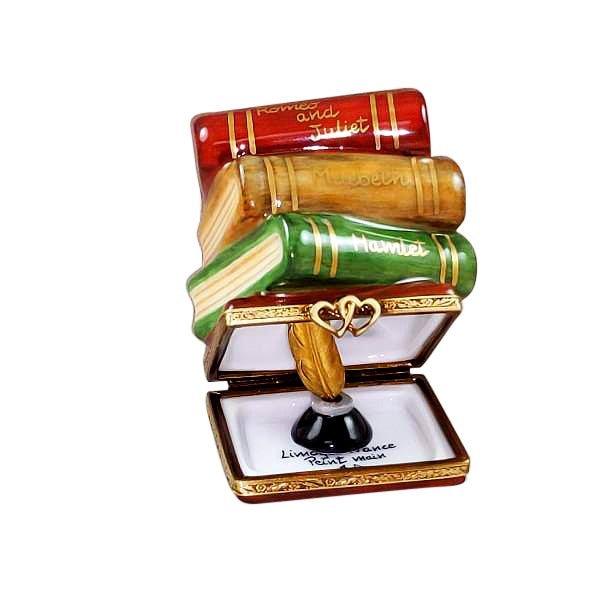 Shakespeare Stack of Book with Inkwell and Brass Feather Porcelain Limoges fine art books limoges boxes French Trinket Box