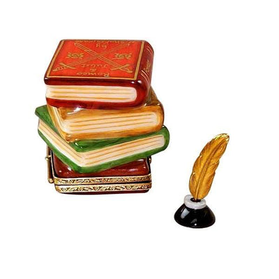Shakespeare Stack of Book with Inkwell and Brass Feather Porcelain Limoges fine art books limoges boxes French Trinket Box