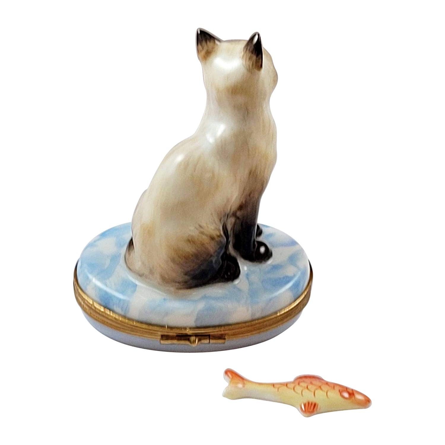 Siamese Cat w Fish Porcelain Limoges cat siamese French Trinket Box