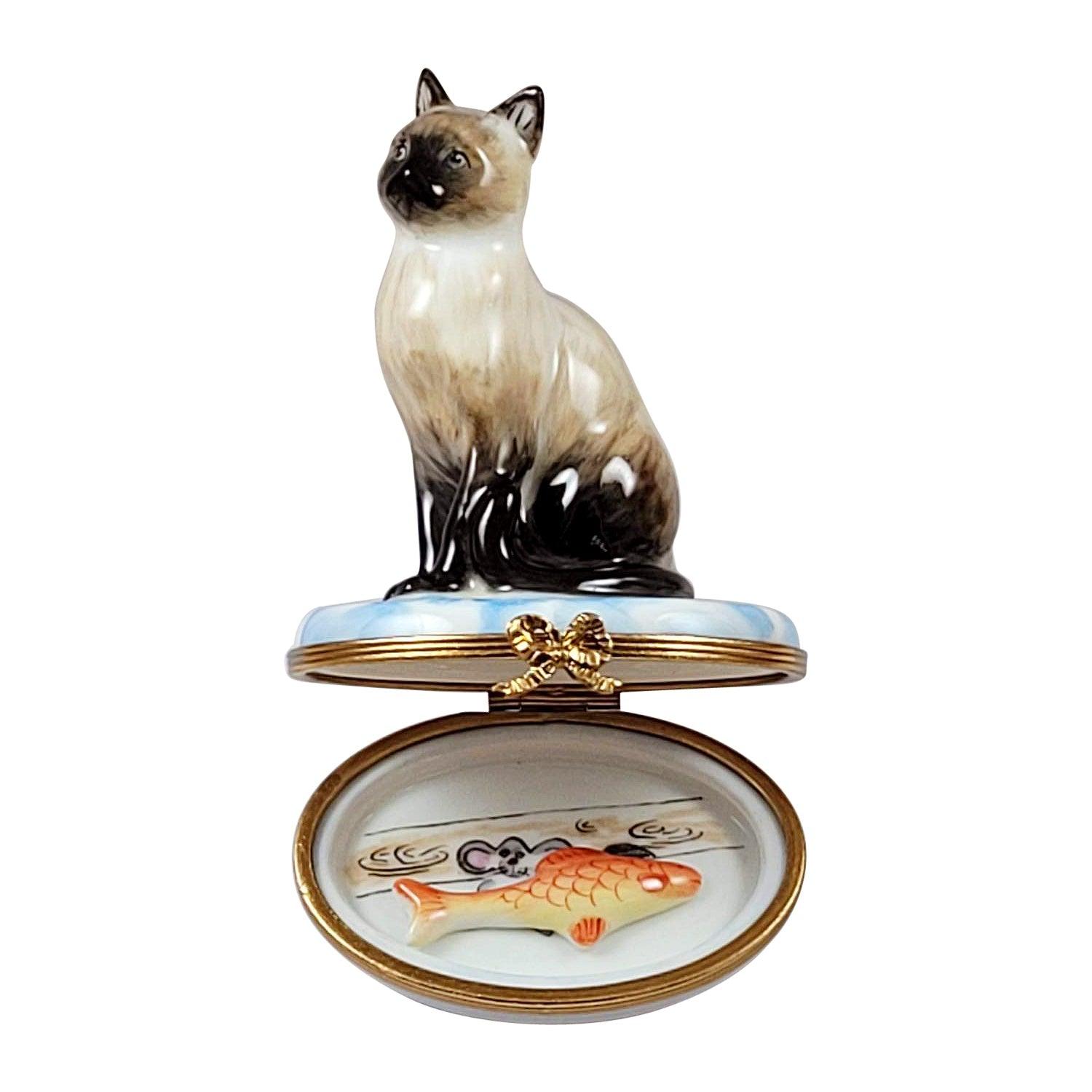 Siamese Cat w Fish Porcelain Limoges cat siamese French Trinket Box