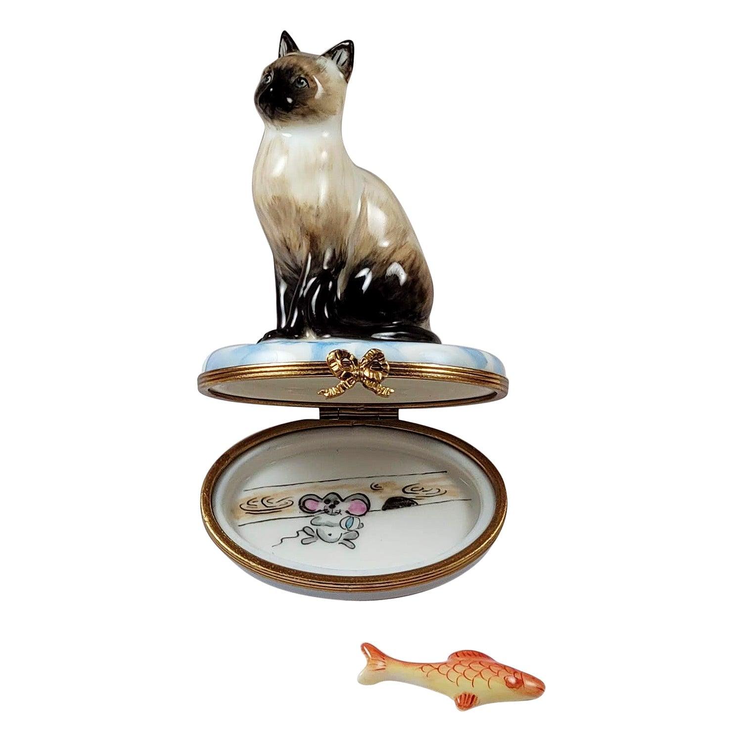 Siamese Cat w Fish Porcelain Limoges cat siamese French Trinket Box