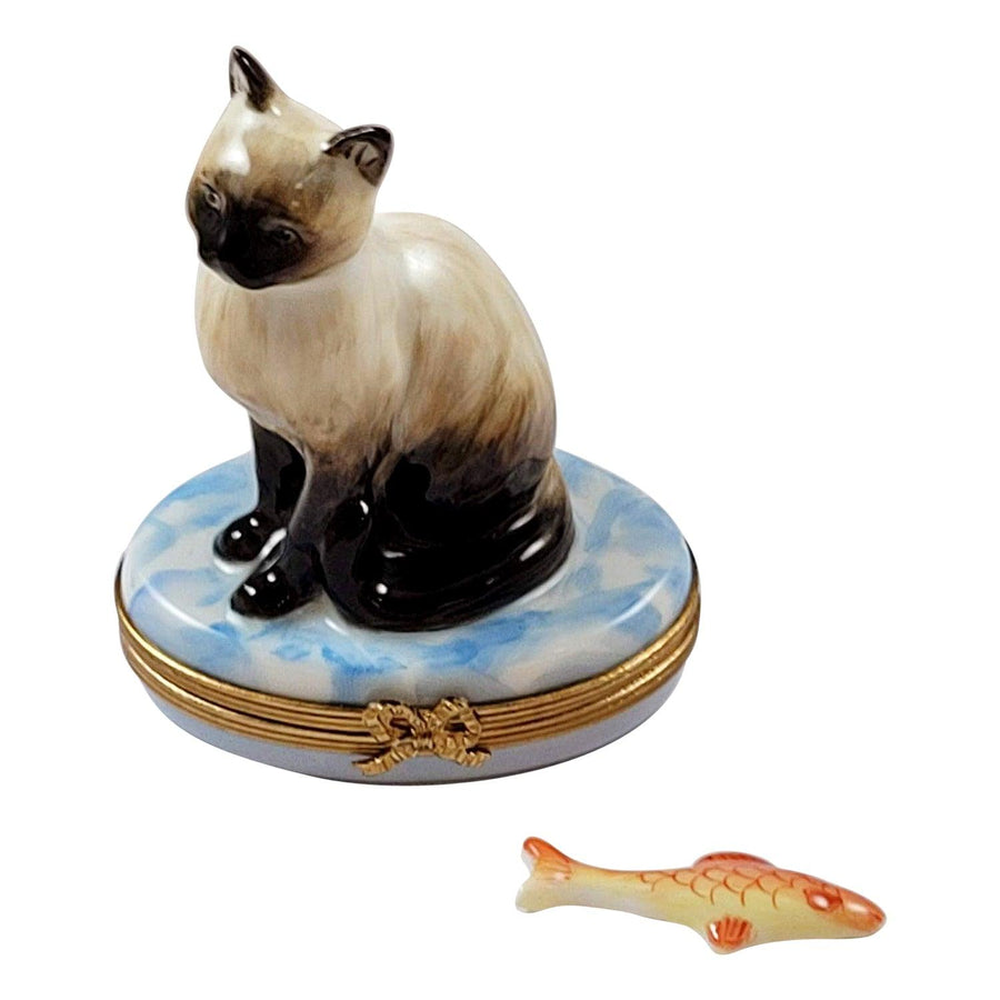 Siamese Cat w Fish Porcelain Limoges cat siamese French Trinket Box