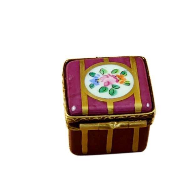 Small Burgundy Square with Gold Stripes and Flowers Porcelain Limoges Traditional French Trinket Box