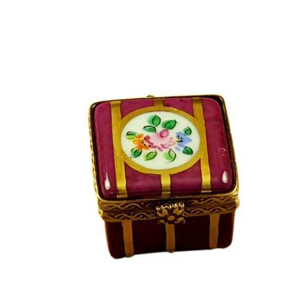 Small Burgundy Square with Gold Stripes and Flowers Porcelain Limoges Traditional French Trinket Box