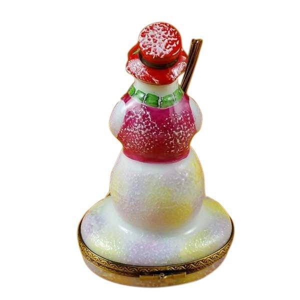 Snowman with Red Hat and Broom Porcelain Limoges snowman French Trinket Box