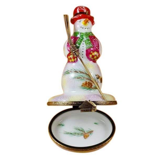 Snowman with Red Hat and Broom Porcelain Limoges snowman French Trinket Box