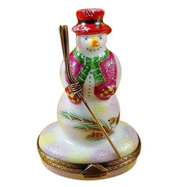 Snowman with Red Hat and Broom Porcelain Limoges snowman French Trinket Box