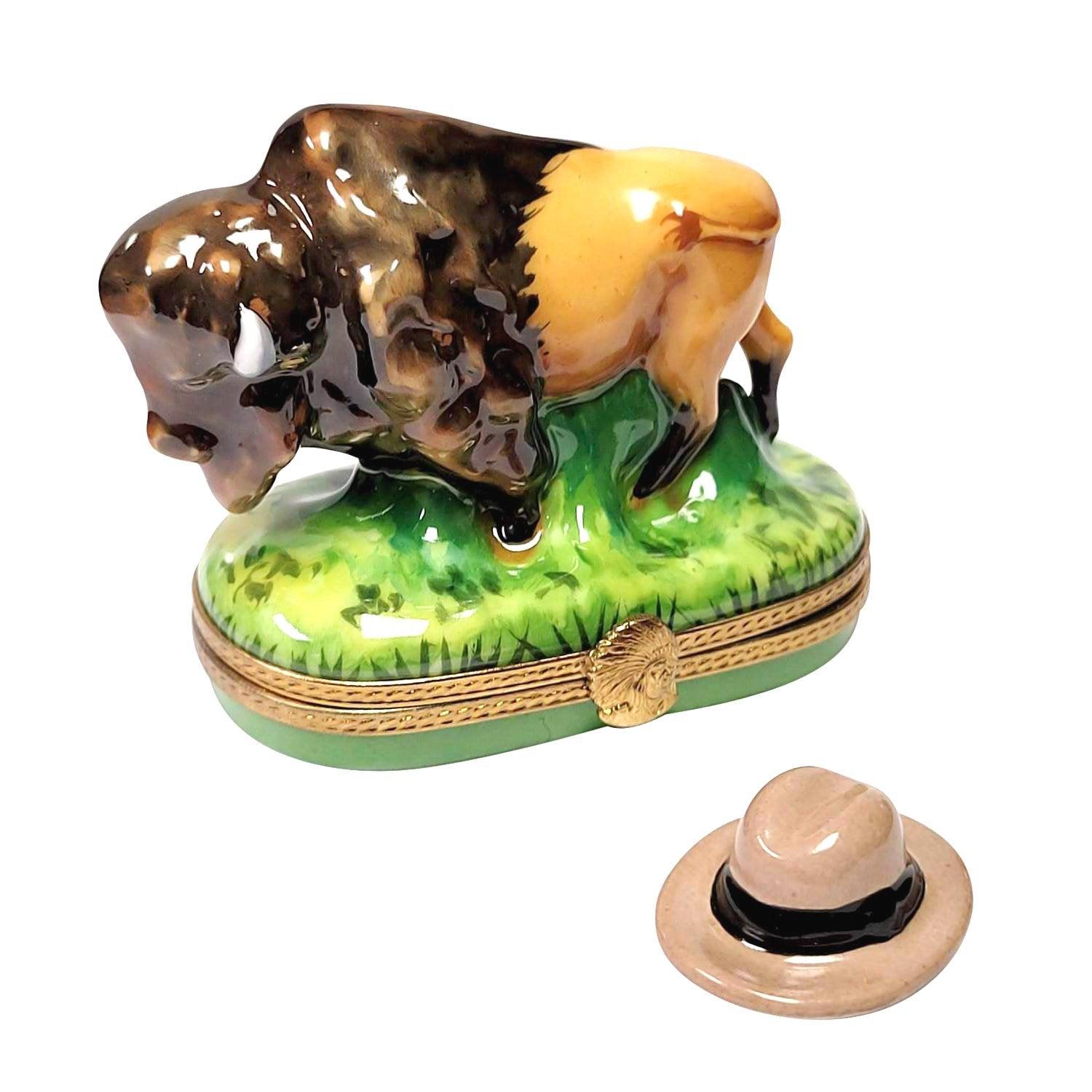 Standing Buffalo with Removable Cowboy Hat Porcelain Limoges wild animals farm French Trinket Box