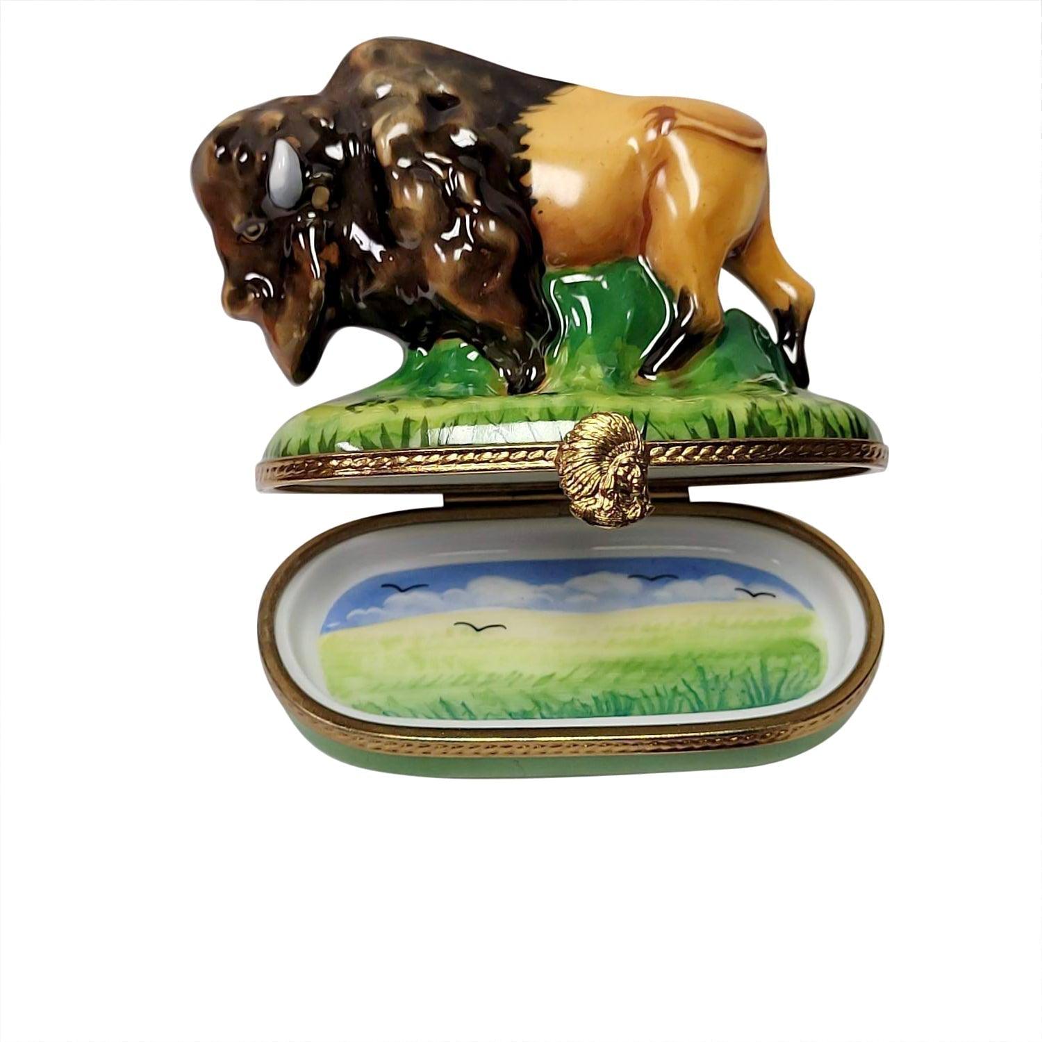 Standing Buffalo with Removable Cowboy Hat Porcelain Limoges wild animals farm French Trinket Box