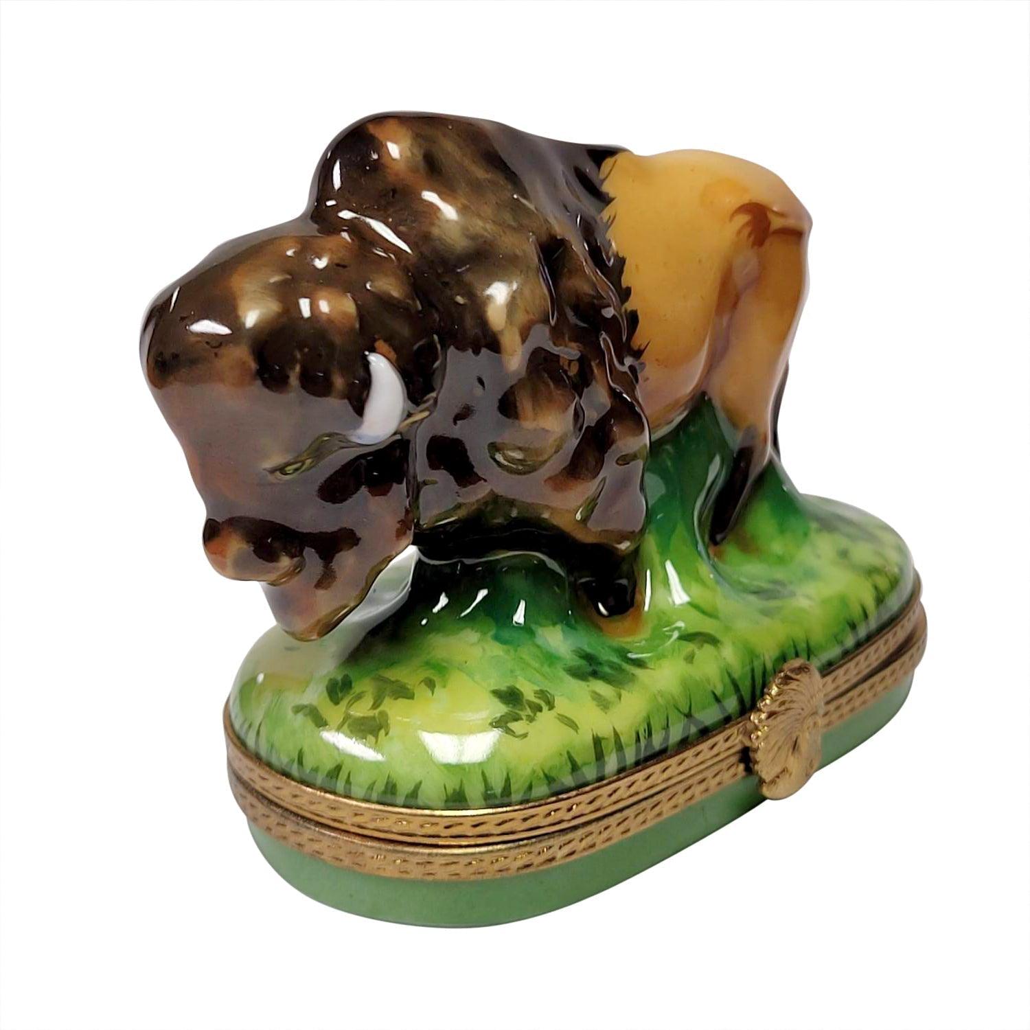 Standing Buffalo with Removable Cowboy Hat Porcelain Limoges wild animals farm French Trinket Box