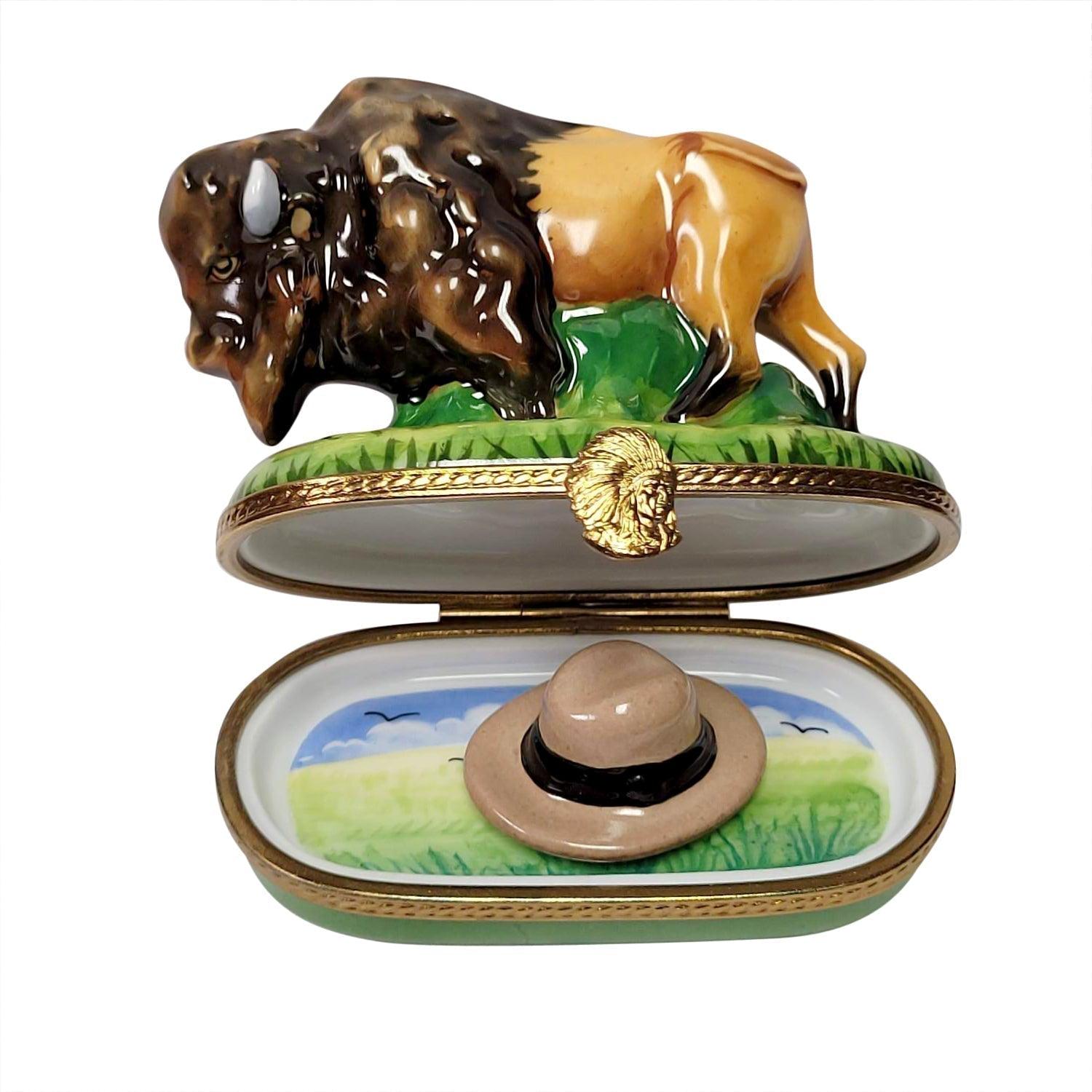 Standing Buffalo with Removable Cowboy Hat Porcelain Limoges wild animals farm French Trinket Box