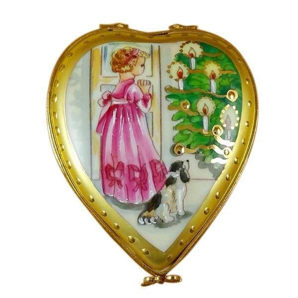 Studio Collection - Heart Little Girl Christmas Tree and Dog Porcelain Limoges xmas theme santa French Trinket Box