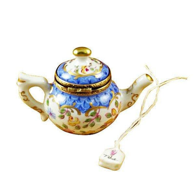 Teapot Blue Scales with Tea Porcelain Limoges China French Trinket Box