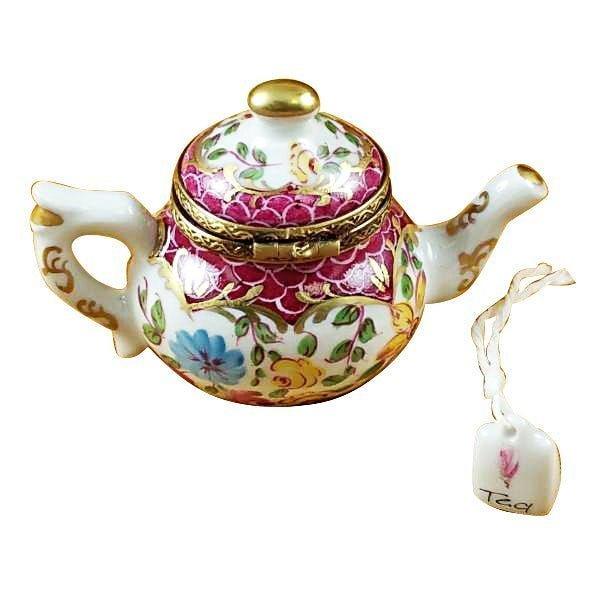 Teapot with Flowers & Maroon Scales Porcelain Limoges China French Trinket Box