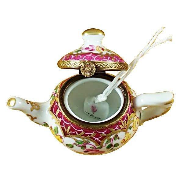 Teapot with Flowers & Maroon Scales Porcelain Limoges China French Trinket Box