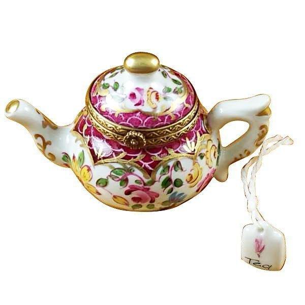 Teapot with Flowers & Maroon Scales Porcelain Limoges China French Trinket Box