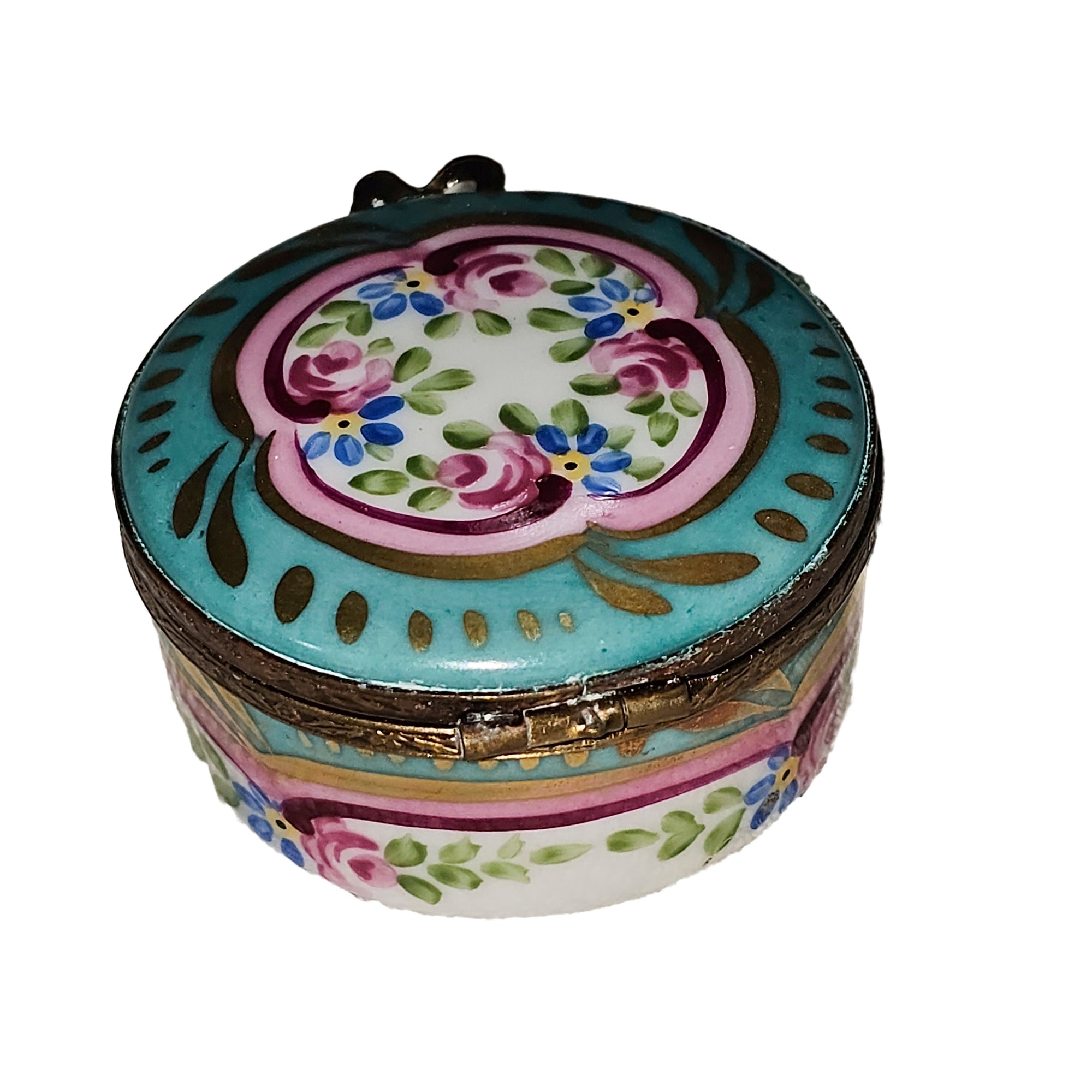 Turquoise and Pink Floral Box Porcelain Limoges traditional French Trinket Box