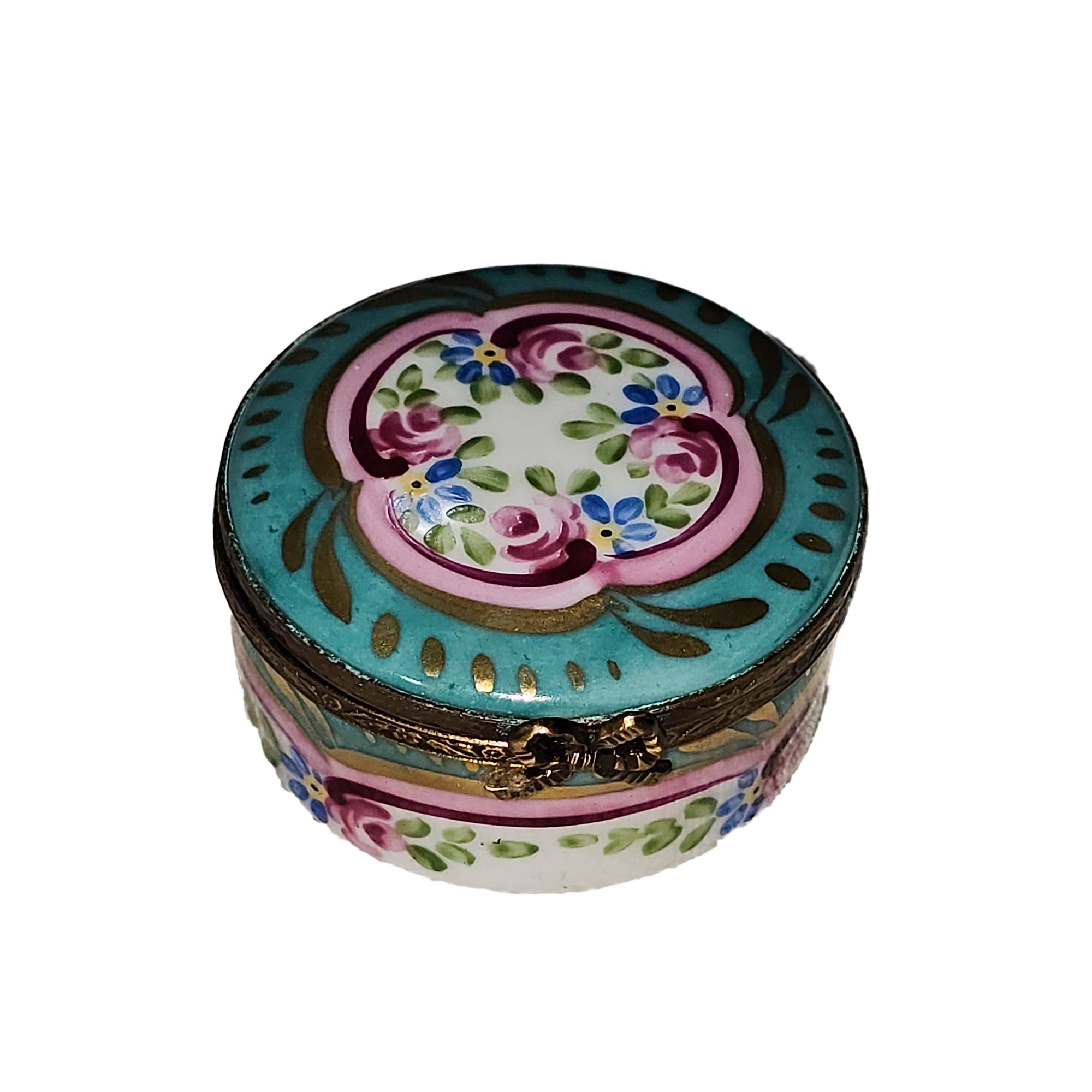 Turquoise and Pink Floral Box Porcelain Limoges traditional French Trinket Box