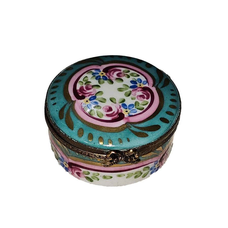Turquoise and Pink Floral Box Porcelain Limoges traditional French Trinket Box