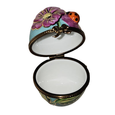Turquoise Egg with Pink Blossom Porcelain Limoges egg bug French Trinket Box