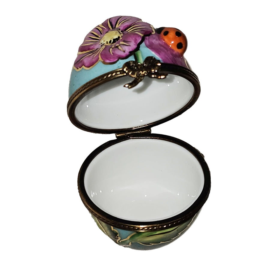 Turquoise Egg with Pink Blossom Porcelain Limoges egg bug French Trinket Box