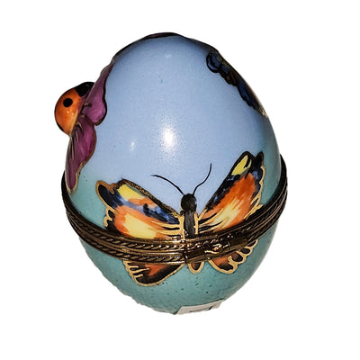Turquoise Egg with Pink Blossom Porcelain Limoges egg bug French Trinket Box