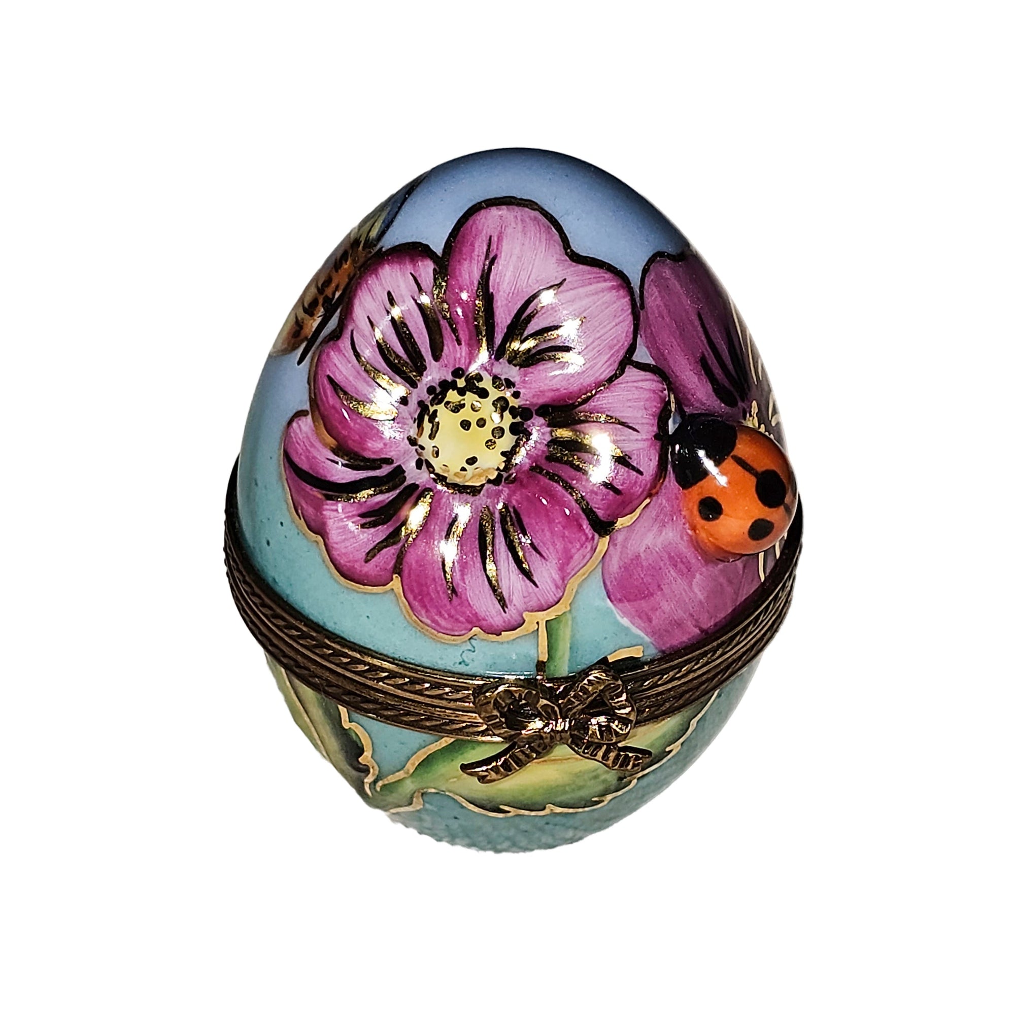 Turquoise Egg with Pink Blossom Porcelain Limoges egg bug French Trinket Box
