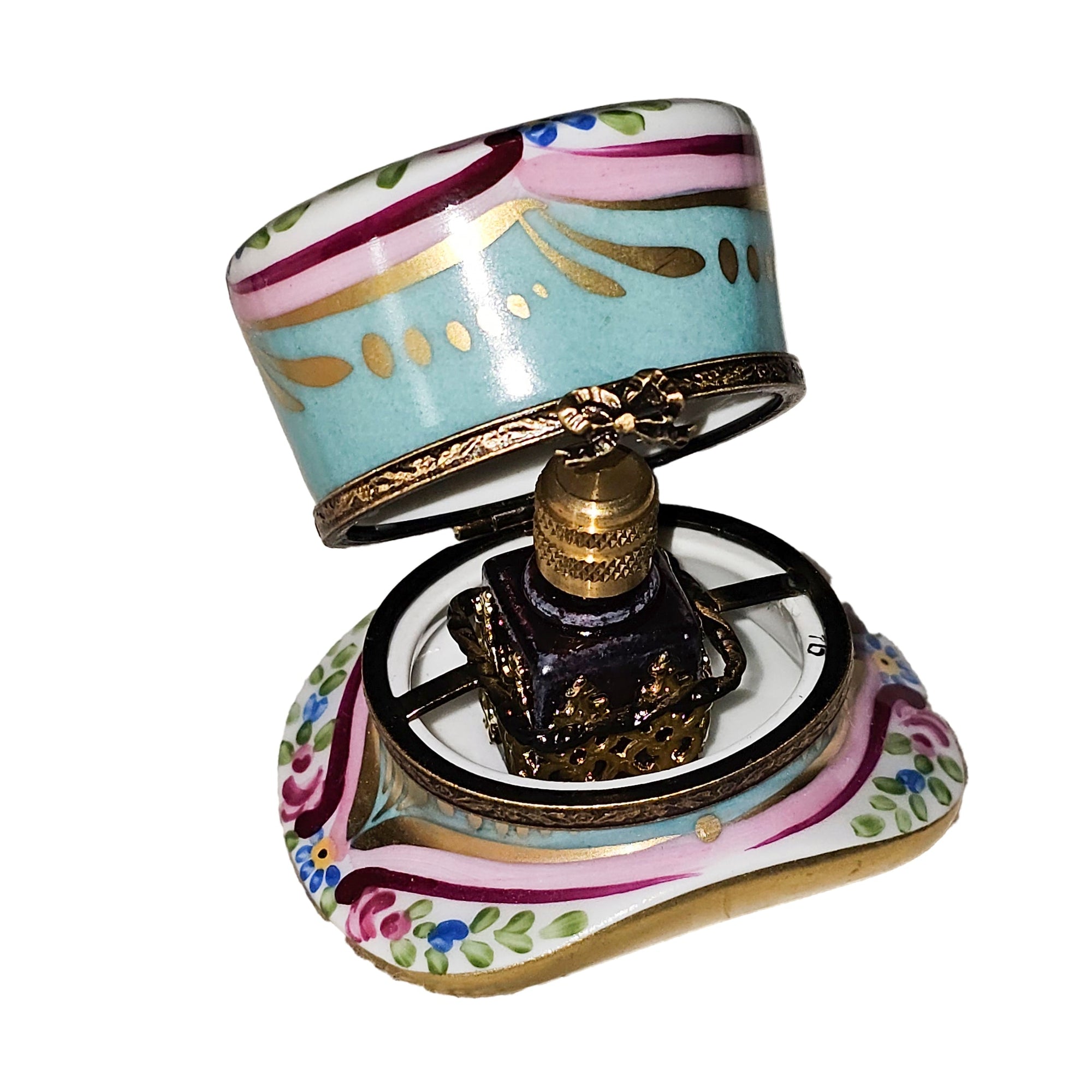 Turquoise Top Hat Perfume Box Porcelain Limoges hat perfume French Trinket Box