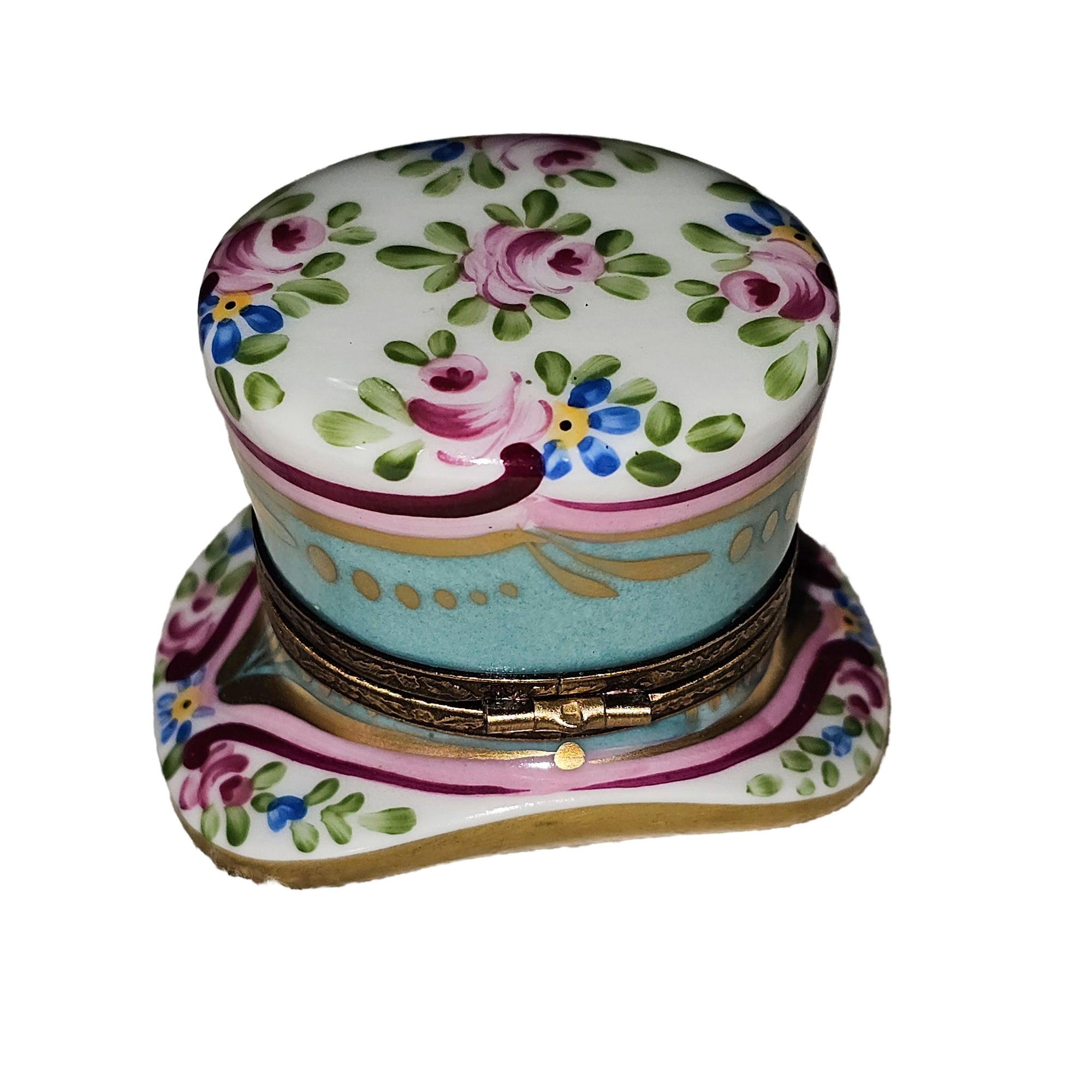 Turquoise Top Hat Perfume Box Porcelain Limoges hat perfume French Trinket Box