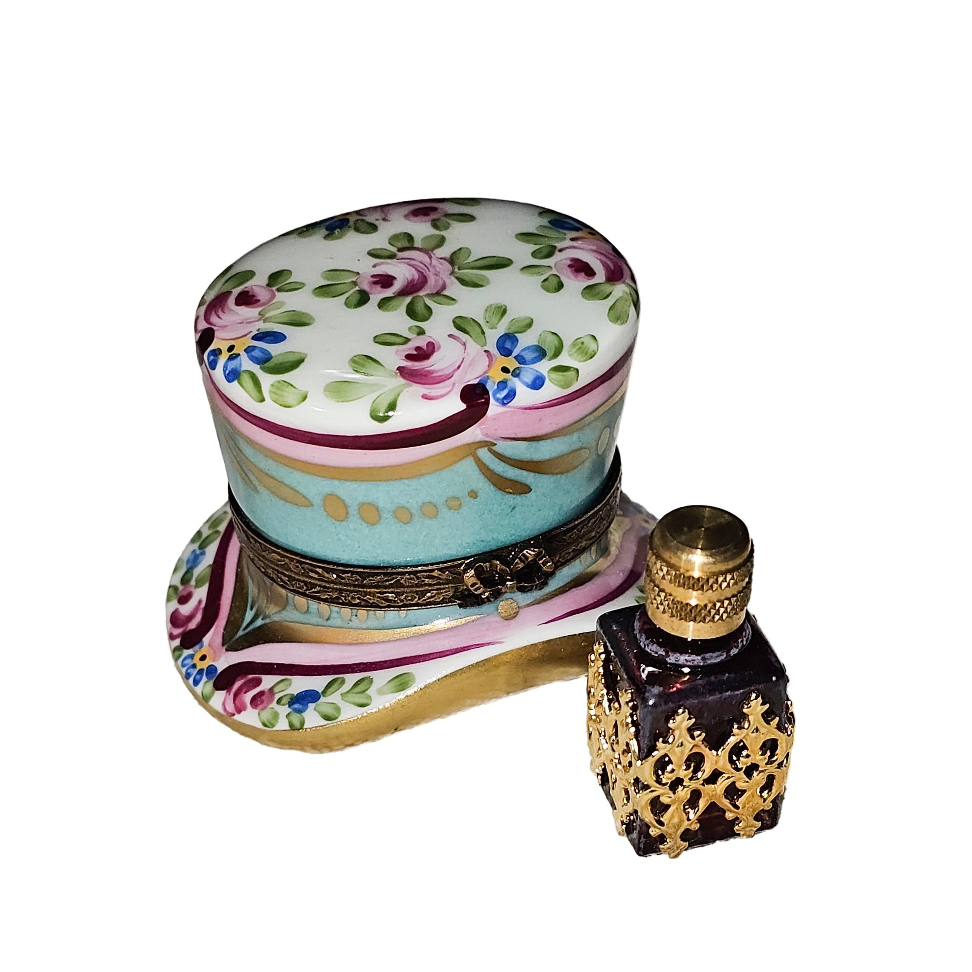 Turquoise Top Hat Perfume Box Porcelain Limoges hat perfume French Trinket Box