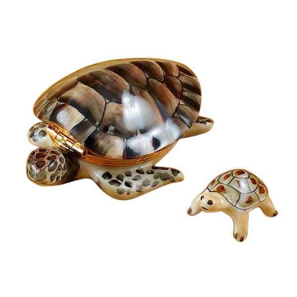 Turtle with Baby Figurine Porcelain Limoges ocean fish turtle frog French Trinket Box